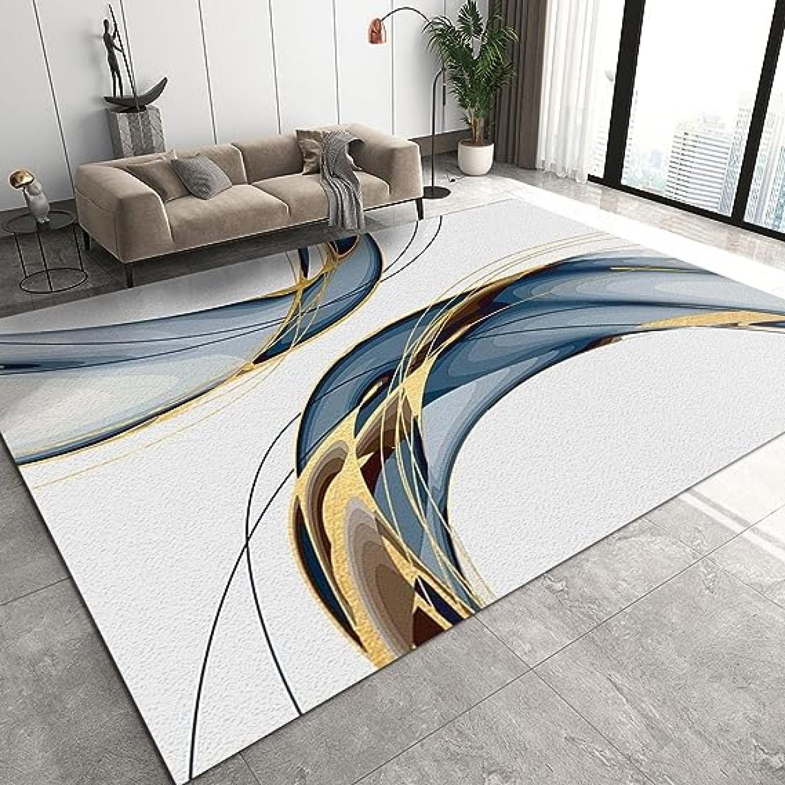 Simple Abstract Living Room Rug, White Blue Lines Area Rug, Washable