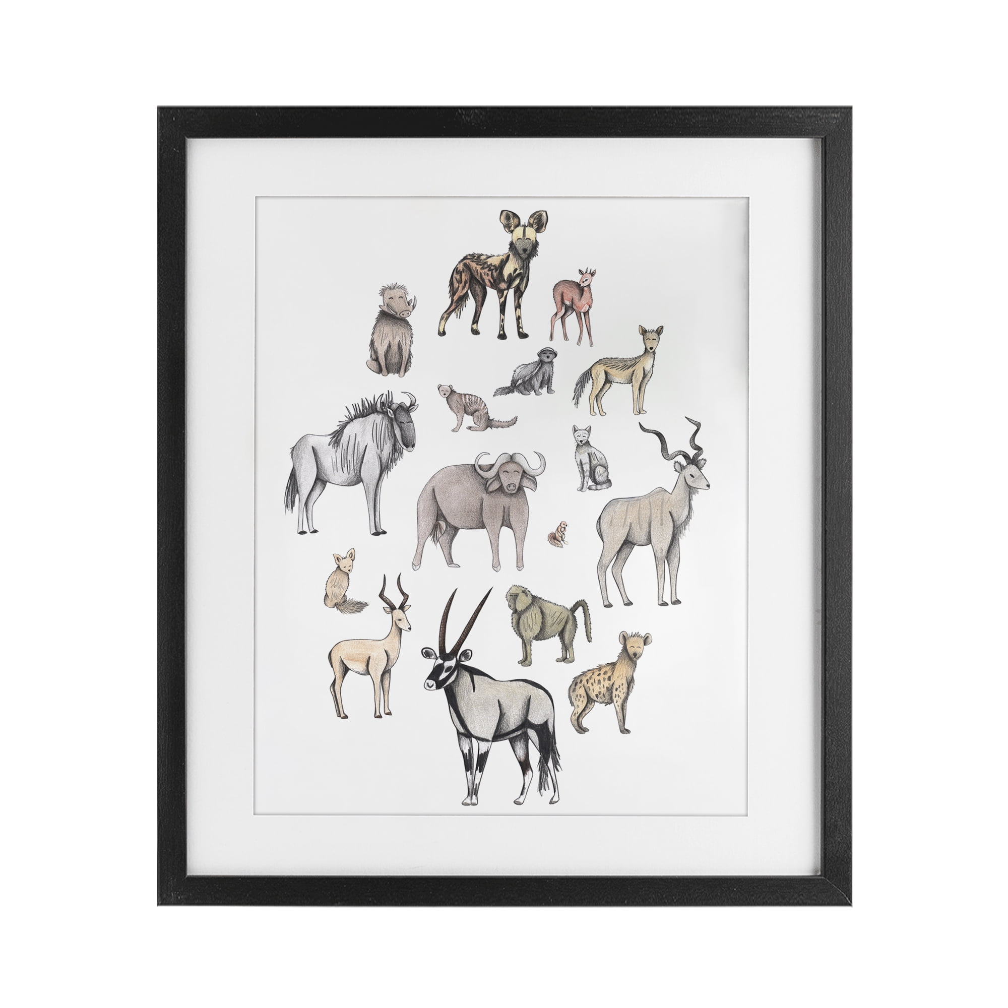 Simple Africa Animals Black Framed Print Under Glass, design by Cecilia Battaini