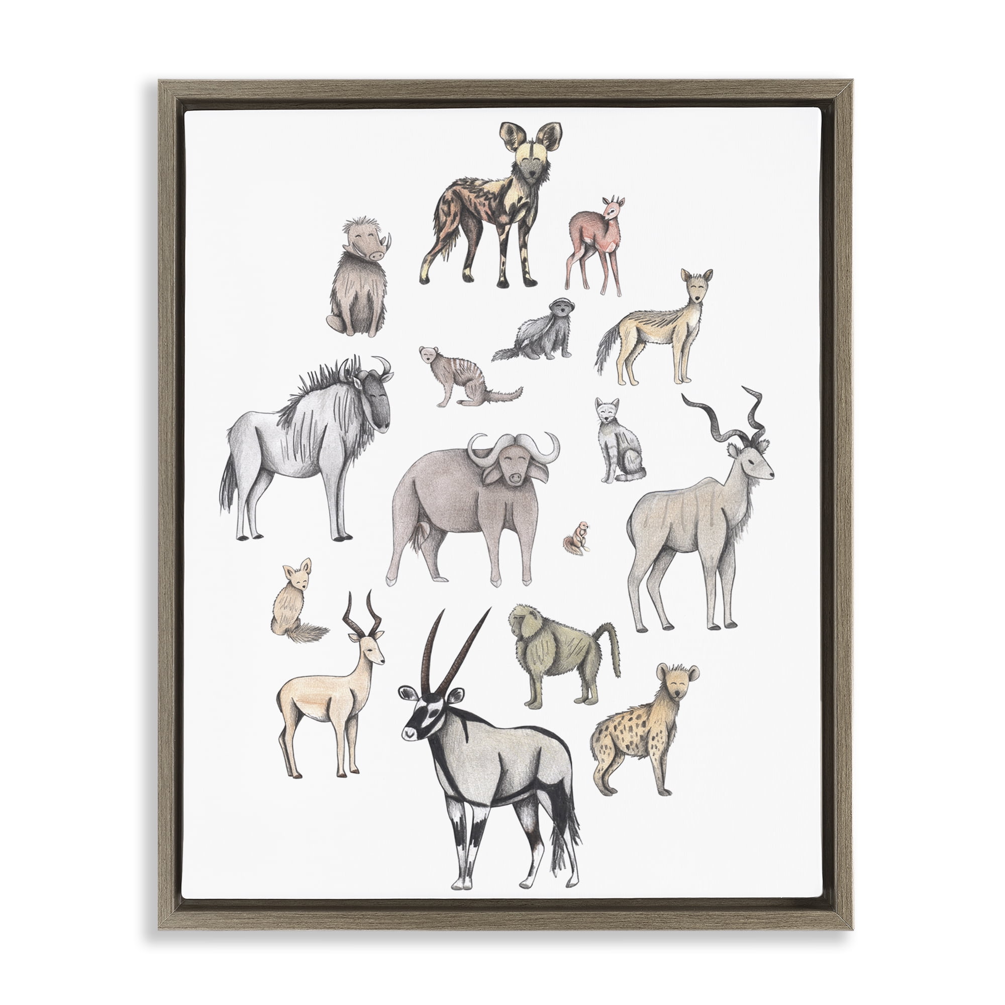 Simple Africa Animals Brown Framed Floater Canvas Wall Art, design by Cecilia Battaini
