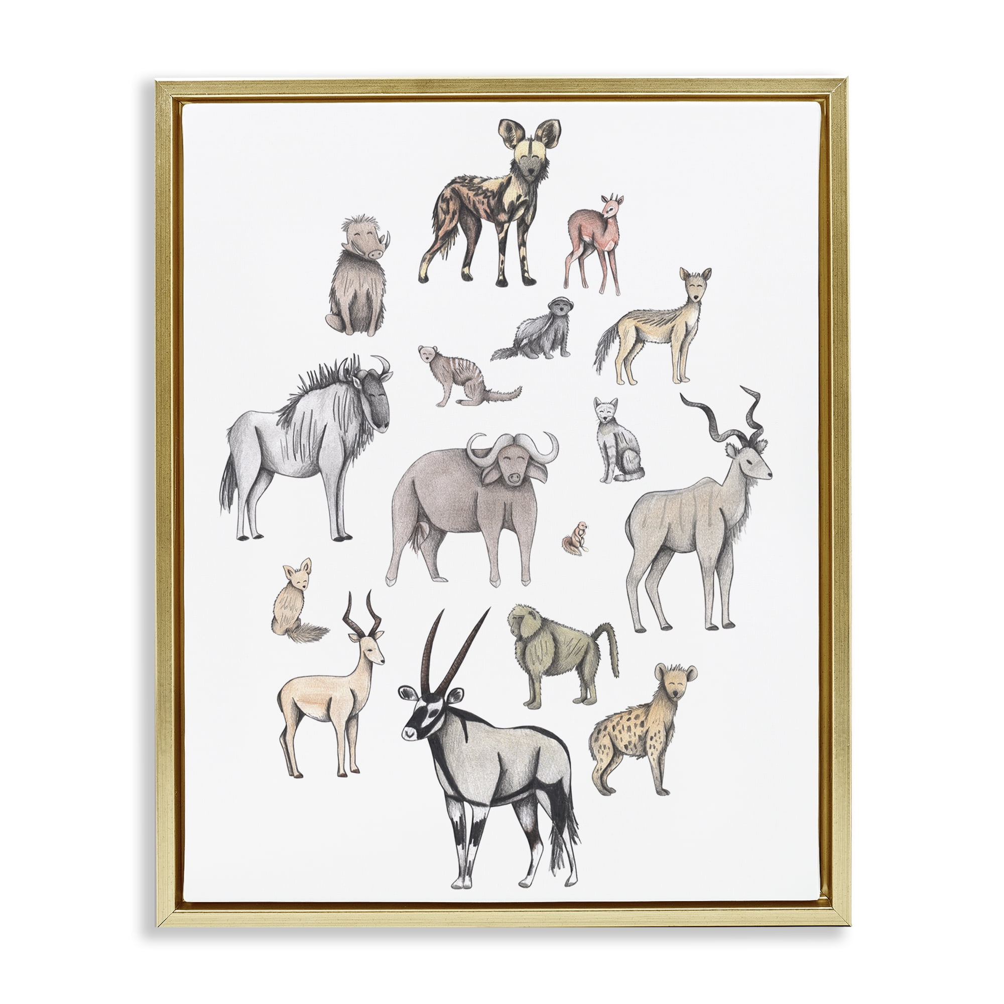 Simple Africa Animals Gold Framed Floater Canvas Wall Art, design by Cecilia Battaini