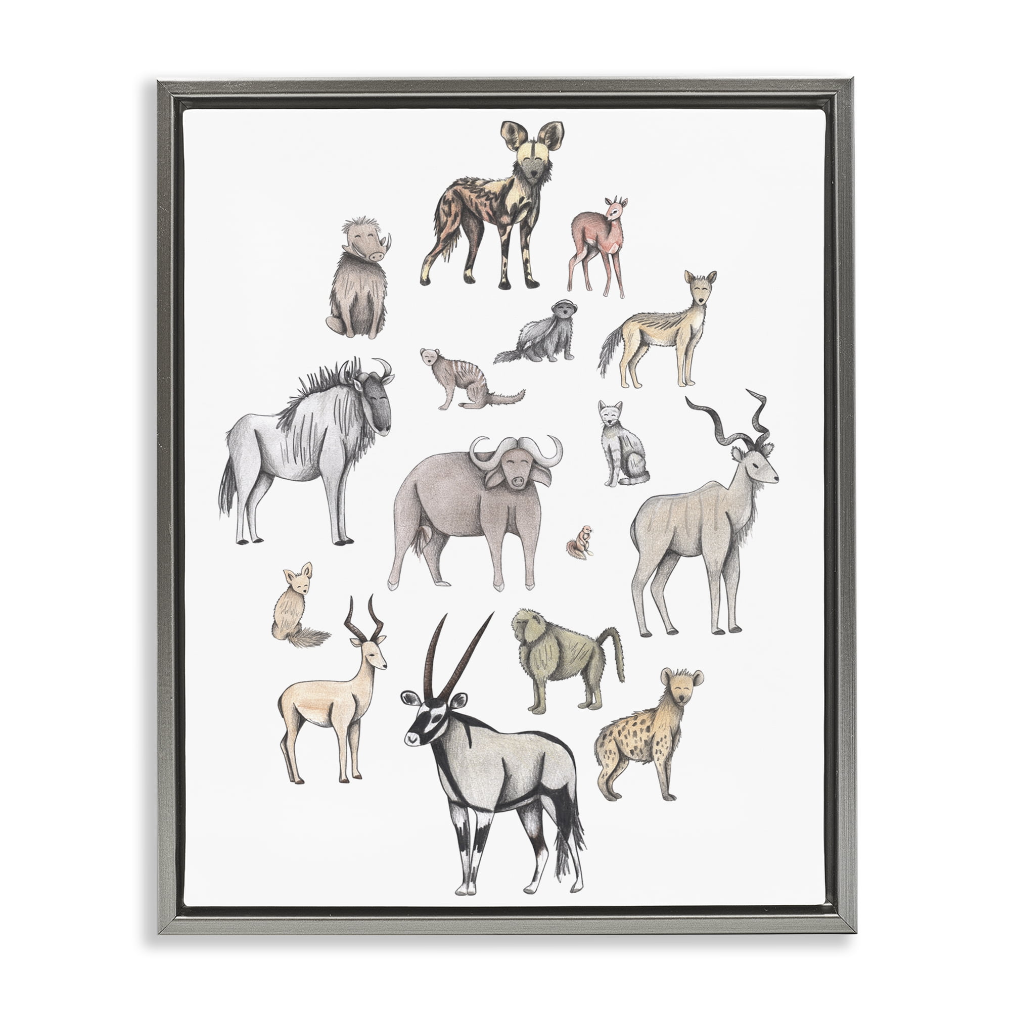 Simple Africa Animals Gray Framed Floater Canvas Wall Art, design by Cecilia Battaini