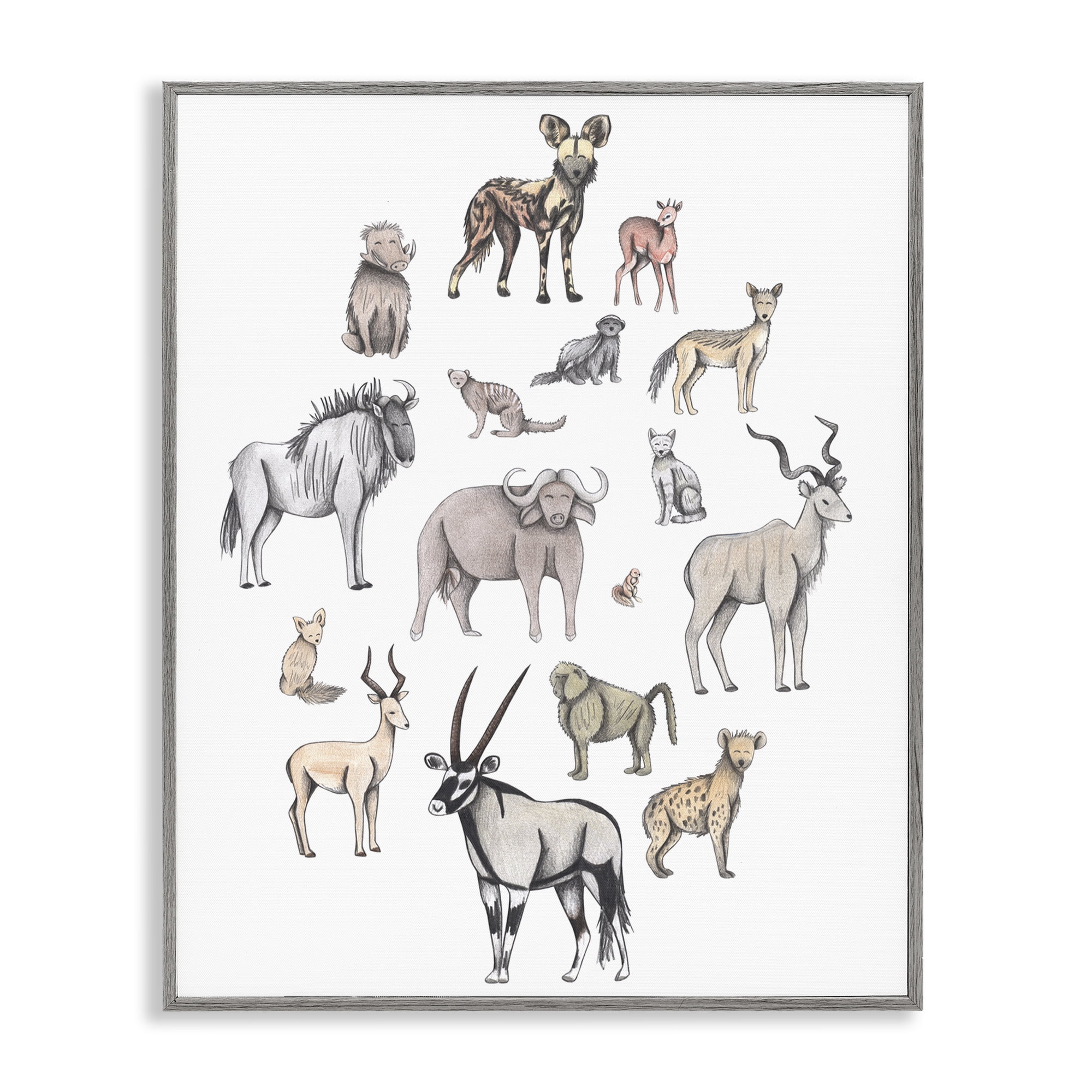 Simple Africa Animals Gray Framed Giclee Art, design by Cecilia Battaini
