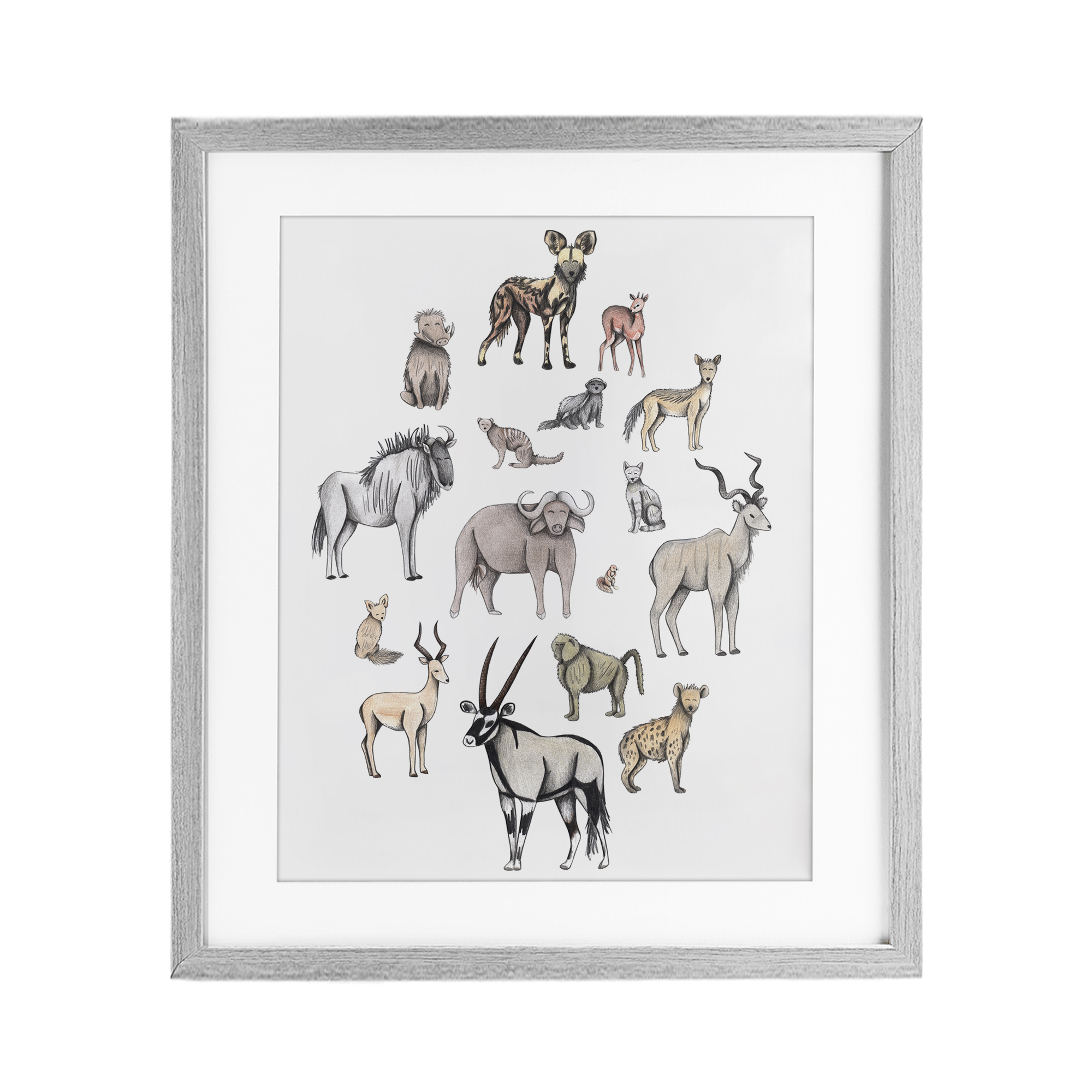 Simple Africa Animals Gray Framed Print Under Glass, design by Cecilia Battaini