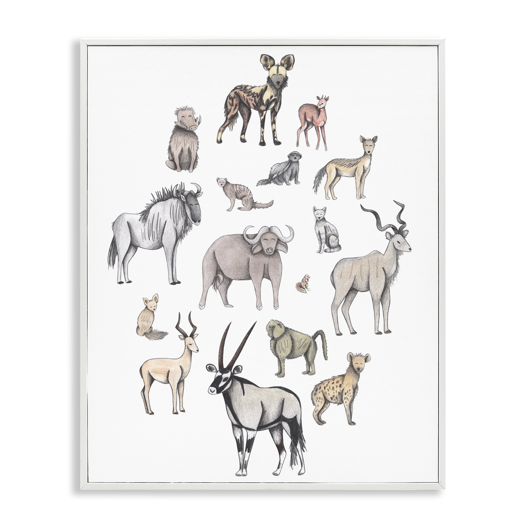 Simple Africa Animals White Framed Giclee Art, design by Cecilia Battaini