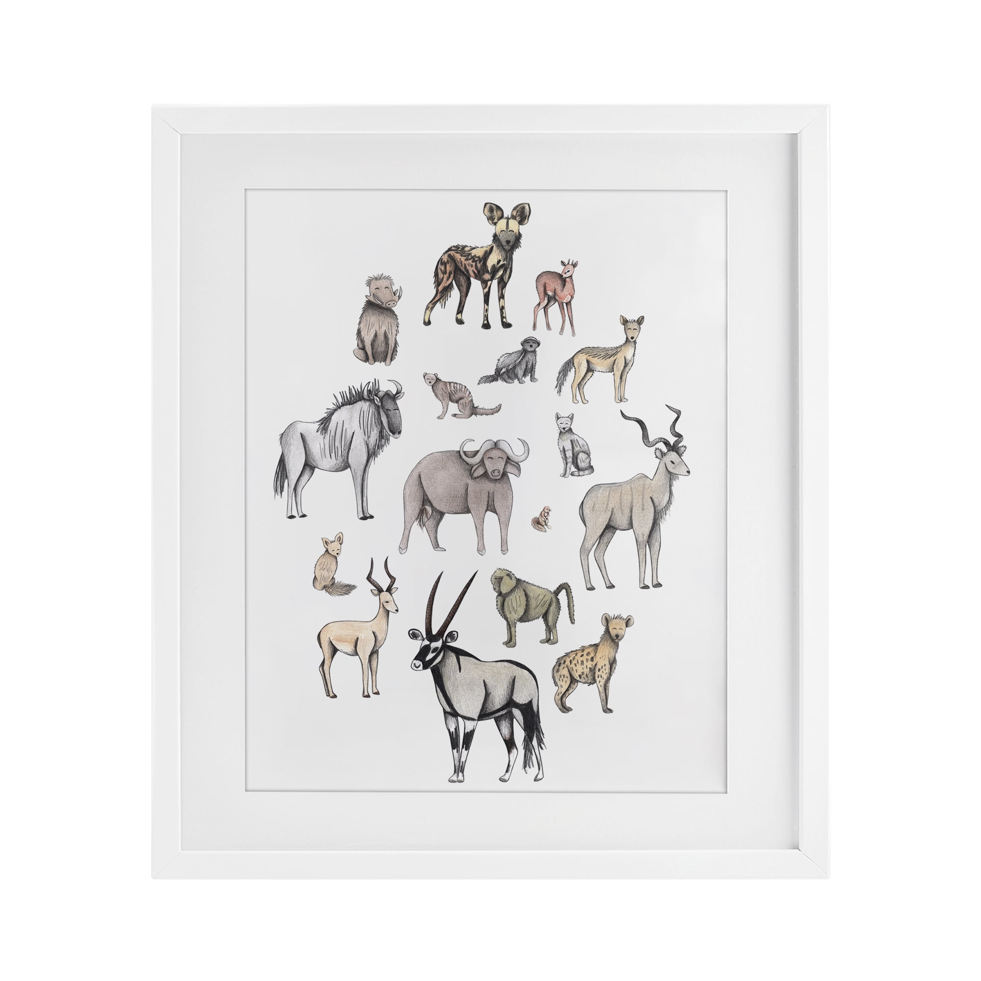 Simple Africa Animals White Framed Print Under Glass, design by Cecilia Battaini
