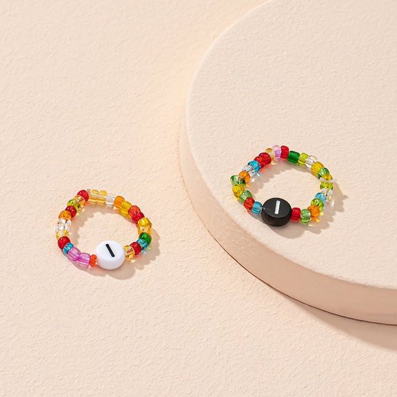 Beaded Letter Initial Ring for Women Men Resin Alphabet Trendy Korean Geometric Ethnic Retro Rings Fashion Jewelry Gift Unisex