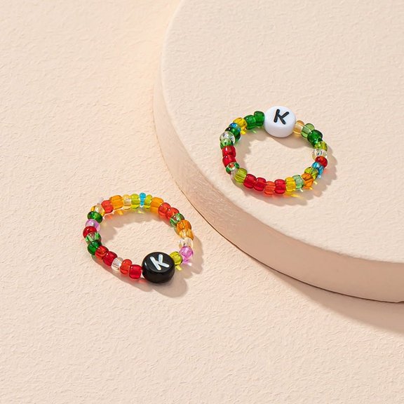 Beaded Letter Initial Ring for Women Men Resin Alphabet Trendy Korean Geometric Ethnic Retro Rings Fashion Jewelry Gift Unisex