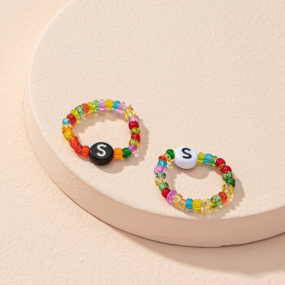 Beaded Letter Initial Ring for Women Men Resin Alphabet Trendy Korean Geometric Ethnic Retro Rings Fashion Jewelry Gift Unisex
