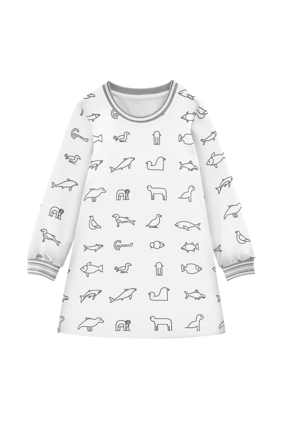 Simple Animal Line Drawings Girls'long-sleeved dress Thickened A-dress Warm Dress Basic Shirt Party Dresses