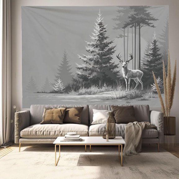 Simple Animals Forest Tapestry Gray Watercolor Illustration Wall Tapestry For Bedroom Decor Aesthetic Nature Classroom Tapestries Wall Hanging For Living Room Dorm Office, 40"X30"