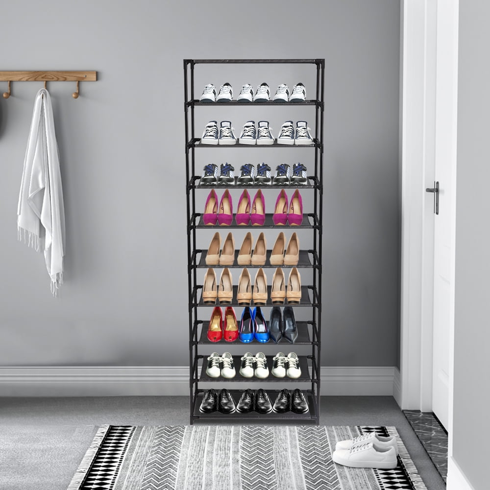 Simple Assembly 10 Tiers Non-woven Fabric Shoe Rack with Handle - Black - Compact Storage for 30 Pairs in Home, Dorm & Office