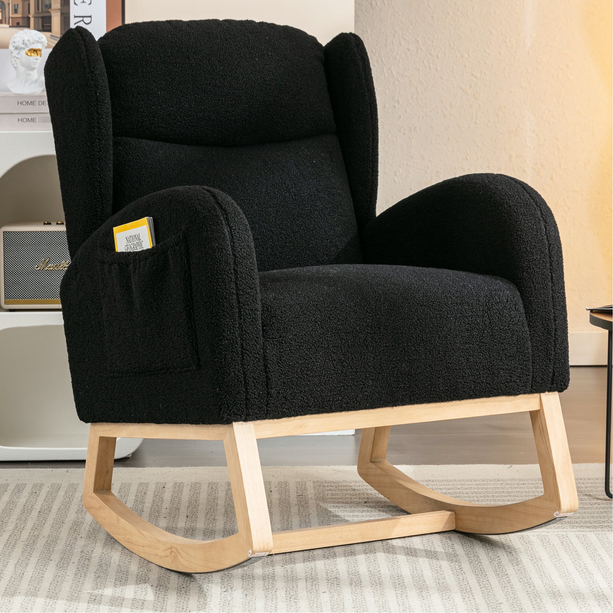 Simple Assembly Rocking Chair In Black Fabric For Living Area With And Wooden Frame