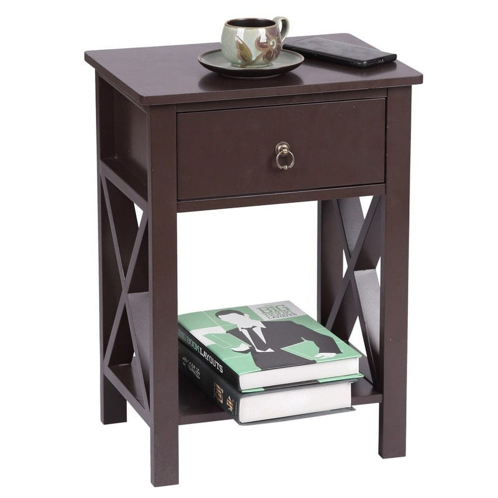 Brown MDF 1-Drawer Bedside Table with Shelf