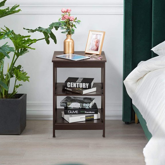 Simple Bedside Table Coffee Table Night Stand, Solid Wood Sofa Side Table with Shelf, 2 Layers Console Table Sofa Table High-Footed Table for Entryway Living Room (5425 Coffee)