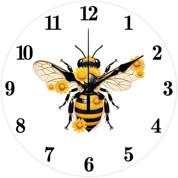 Simple Bee Pattern Wall Clock 12 Inch Non-Ticking Flowers Clocks Round Wall Hanging Clock Battery Operated for Bedroom Living Room Kitchen Office