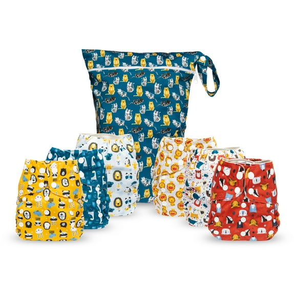 Simple Being Reusable Cloth Diapers,6 Pack Pocket Adjustable Size,Waterproof Cover,6 Inserts,Wet Bag, Double Gusset (Boy Animals)