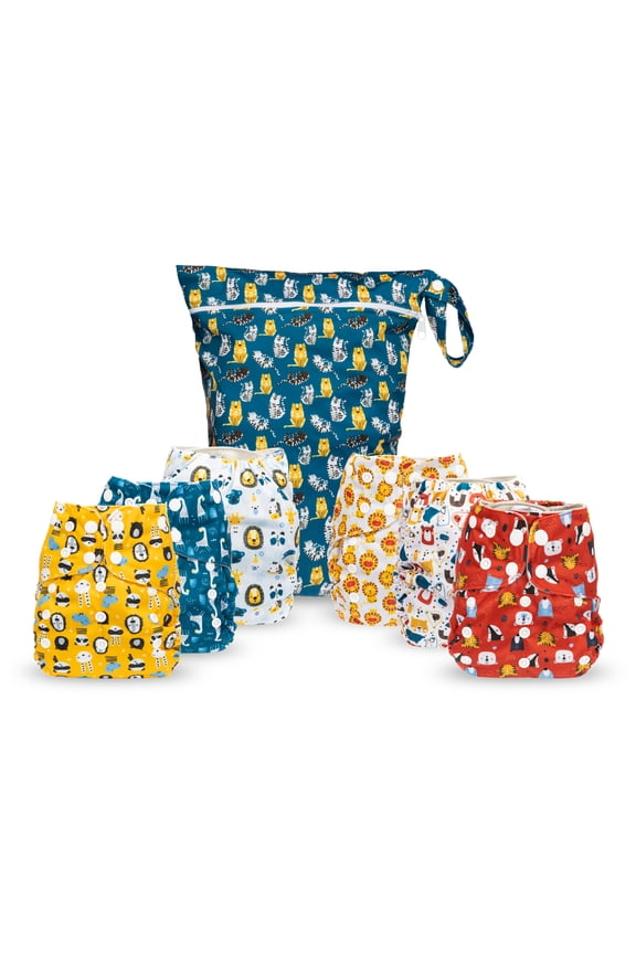 Reusable Cloth Diapers,6 Pack Pocket Adjustable Size,Waterproof Cover,6 Inserts,Wet Bag, Double Gusset (Boy Animals)