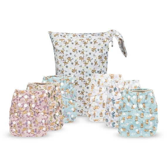 Simple Being Reusable Cloth Diapers,6 Pack Pocket Adjustable Size,Waterproof Cover,6 Inserts,Wet Bag, Double Gusset (Monkey)