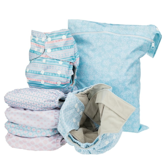 Simple Being Reusable Cloth Diapers,6 Pack Pocket Adjustable Size,Waterproof Cover,6 Inserts,Wet Bag, Double Gusset (Stripes)