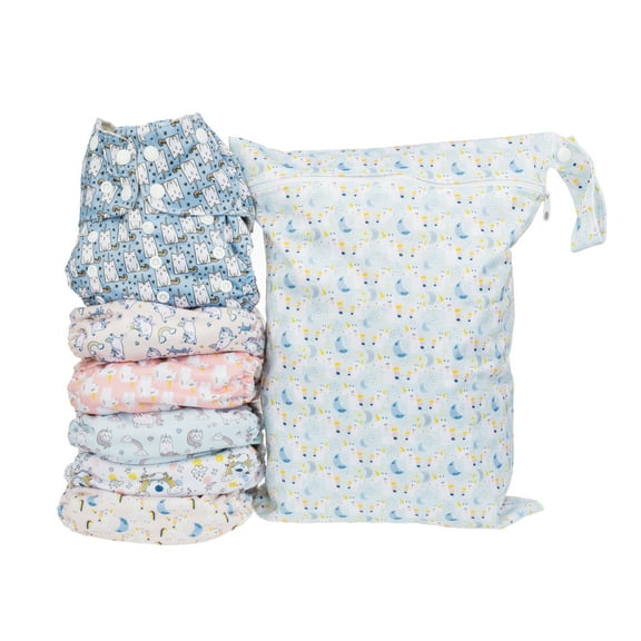Simple Being Reusable Cloth Diapers,6 Pack Pocket Adjustable Size,Waterproof Cover,6 Inserts,Wet Bag, Double Gusset (Unicorn)