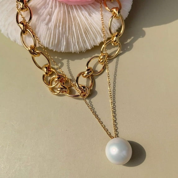 Simple Big Pearl + Big Chain 18K Gold Plated Stainless Steel Necklace Set