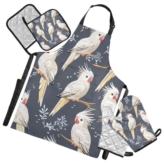 Simple Birds Pattern Oven Mitts and Pot Holders with Chef Apron Set 5 Pcs Kitchen Cooking Set