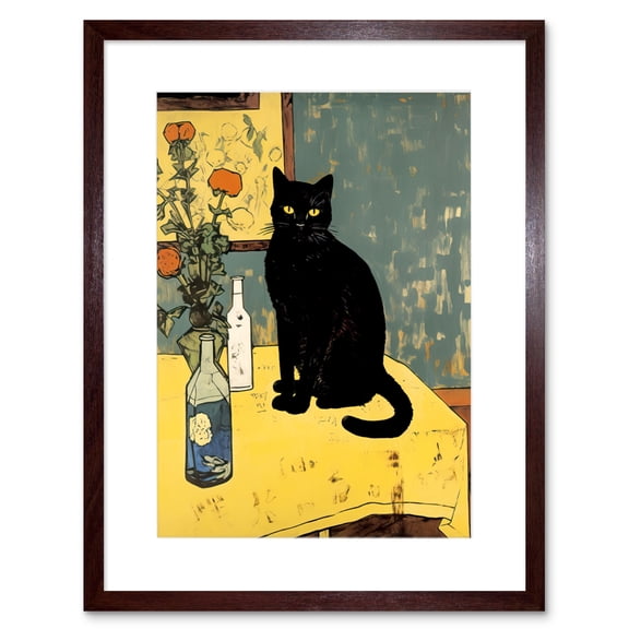 Simple Black Cat on Yellow Table Oil Painting Van Gogh Style Flowers Artwork Framed Wall Art Print 9X7 Inch
