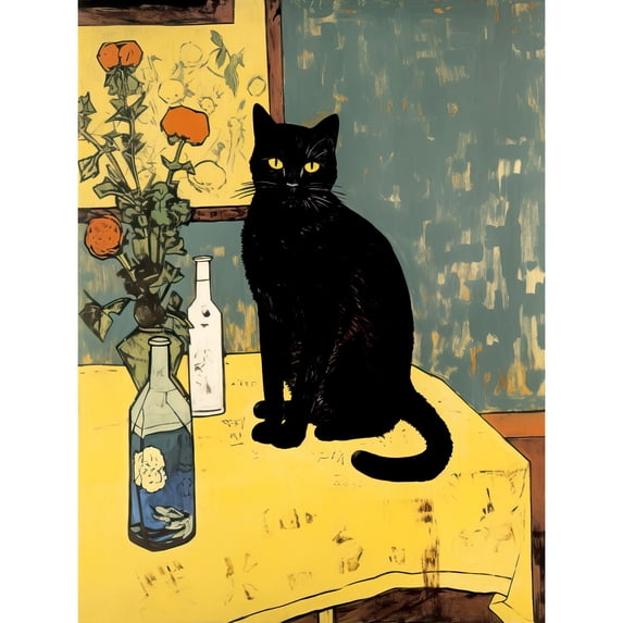 Simple Black Cat on Yellow Table Oil Painting Van Gogh Style Flowers Large Wall Art Poster Print Thick Paper 18X24 Inch
