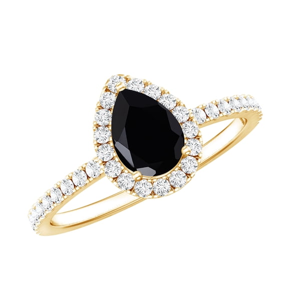 Rosec Jewels Natural Black Onyx Teardrop Engagement Ring with Halo - Certified Black Onyx Diamond Ring (6X8 mm, AAA Quality), 14K Yellow Gold, US 13.00