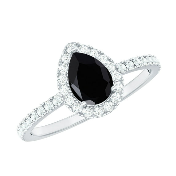 Rosec Jewels Natural Black Onyx Teardrop Engagement Ring with Halo - Certified Black Onyx Diamond Ring (6X8 mm, AAA Quality), 18K White Gold, US 5.50