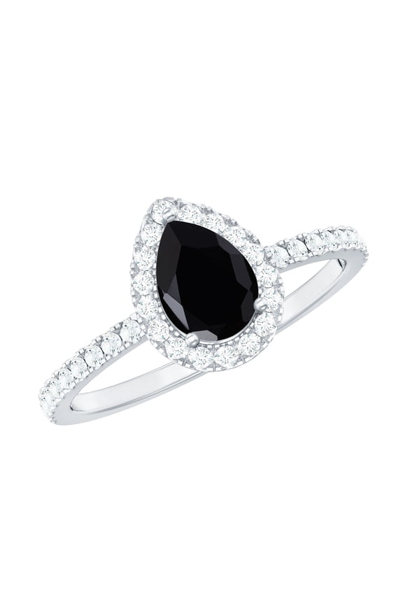 Natural Black Onyx Teardrop Engagement Ring with Halo - Certified Black Onyx Diamond Ring (6X8 mm, AAA Quality), 925 Sterling Silver, US 12.00