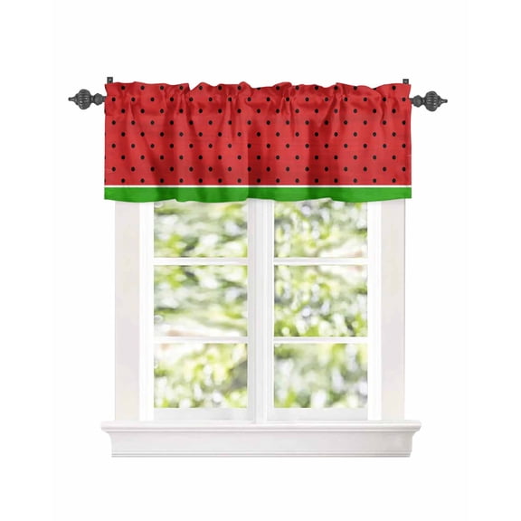 Simple Black Wave Points on Red Window Valances for Kitchen,Rod Pocket Valance Privacy Small Curtain,Summer Watermelon Seeds Window Treatment Drapes for Bedroom Laundry Room Farmhouse 42x12in