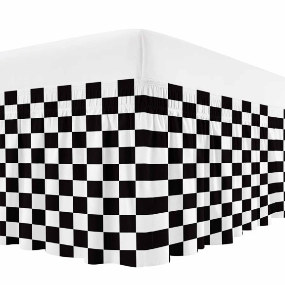 Simple Black White Checkered Bed Skirt Cal King Size,Lattice Buffalo Plaid Wrap Around Bed Skirting with Adjustable Elastic Strap,Dust Ruffled Pleated Bedskirts 18 Inch Drop for Bedroom Cal King Beds