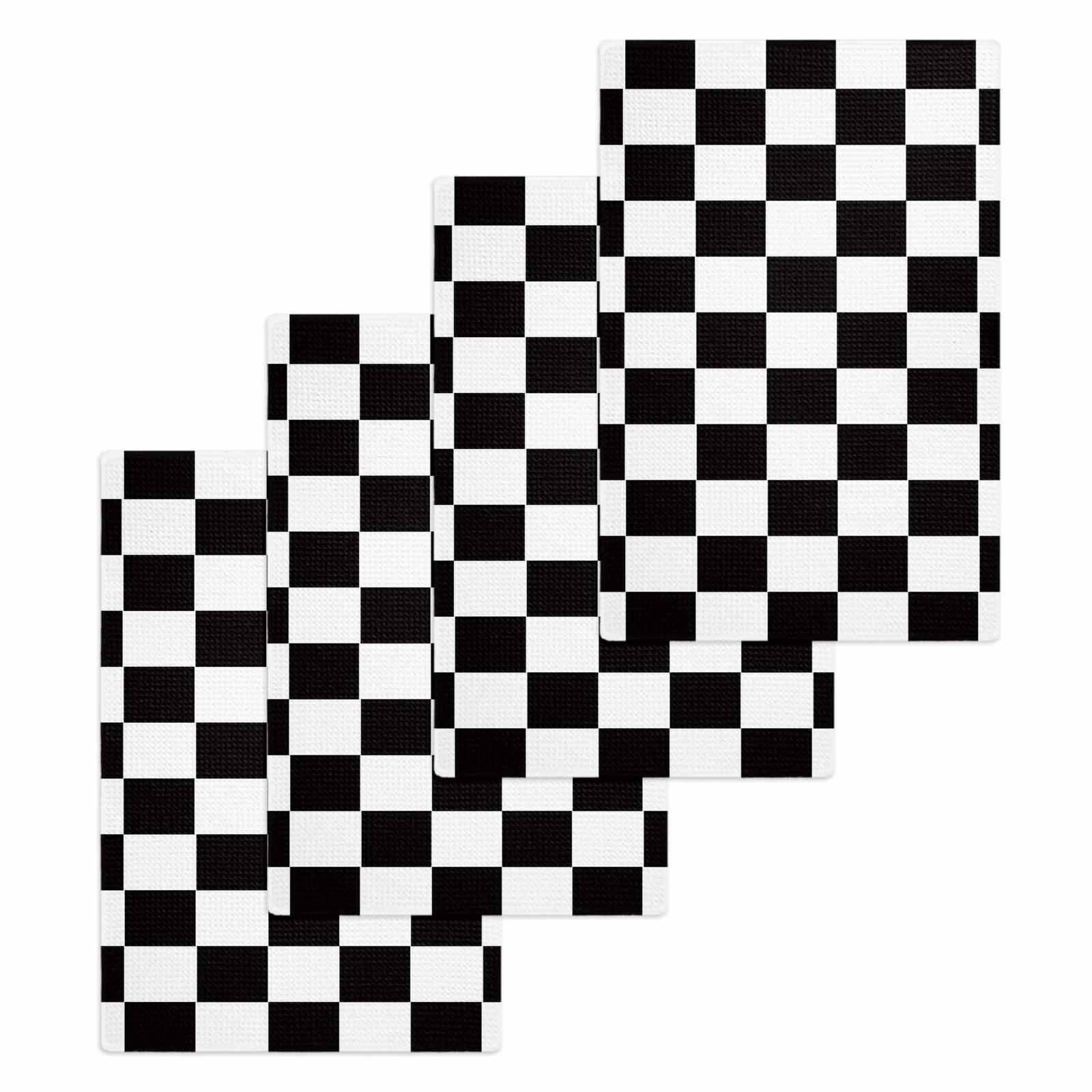 Simple Black White Checkered Hand Towels Set, Waffle Weave Kitchen Towels 4 Pieces, Lattice Buffalo Plaid Microfiber Hair Face Bath Tea Towel Absorbent Quick Drying Cleaning Dish Cloths, 15.7"x23.6"