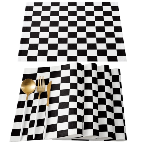 Simple Black White Checkered Placemats Set of 6, Lattice Buffalo Plaid Placemats for Dining Table, Place Mats for Kitchen Tabletop, Waterproof Wipeable Dining Table Mats Set