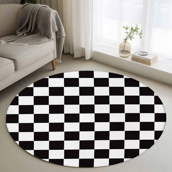 Simple Black White Checkered Round Area Rug 4 FT, Non Slip Indoor Outdoor Rug, Lattice Buffalo Plaid Washable Soft Circular Carpet Non-Shedding Floor Mat for Coffee Table Nursery Foyer Balcony