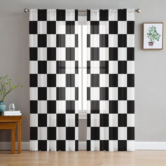 Simple Black White Checkered Sheer Curtains 72 Inch Length 2 Panels Set for Living Room/Bedroom, Lattice Buffalo Plaid Semi Curtain Sheers Drapes Rod Pocket Curtains Window Treatment Set 52''x72''x2