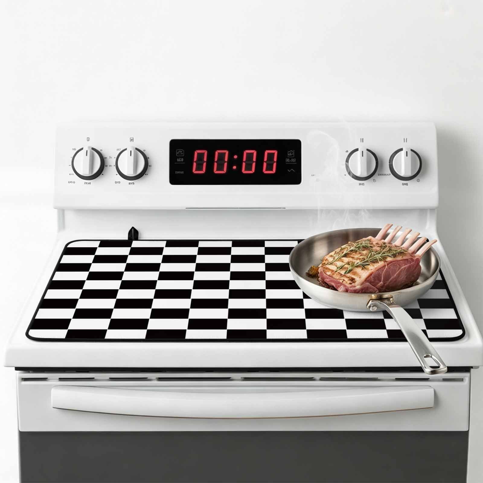 Simple Black White Checkered Stove Top Cover for Electric Stove, Heat-proof & Non Slip Glass Top Stove Cover Protector, Lattice Buffalo Plaid Kitchen Flat Cooktop Rubber Mat 36x21 Inches