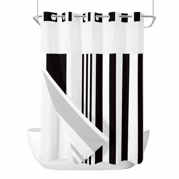 Simple Black White Stripes No Hook Shower Curtain with Snap in Liner, Modern Stripes Double-Layer Waterproof Fabric Shower Curtains for Bathroom Hotel Bathtub, Mesh Top 48"x72"