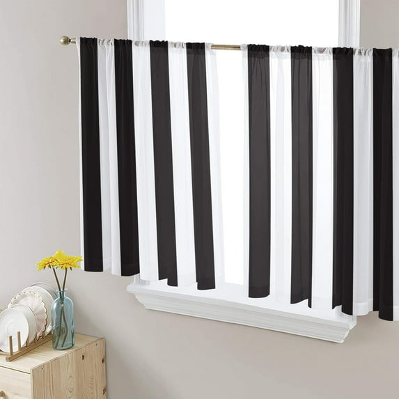 Simple Black White Stripes Semi Sheer Curtains 54 Inch Length 2 Panels Set, Modern Stripes Sheer Kitchen Curtain Privacy Voile Window Curtain for Living Room Bedroom Rod Pocket Drapes