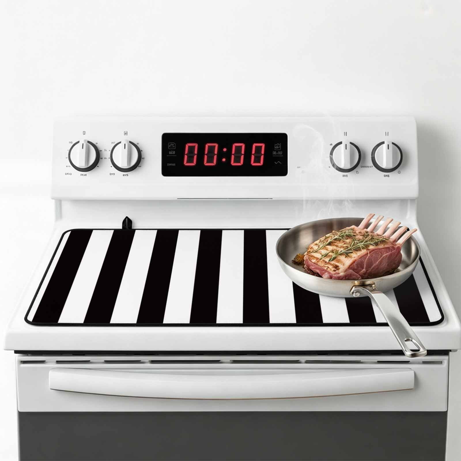 Simple Black White Stripes Stove Top Cover for Electric Stove, Heat-proof & Non Slip Glass Top Stove Cover Protector, Modern Stripes Kitchen Flat Cooktop Rubber Mat 24x21 Inches