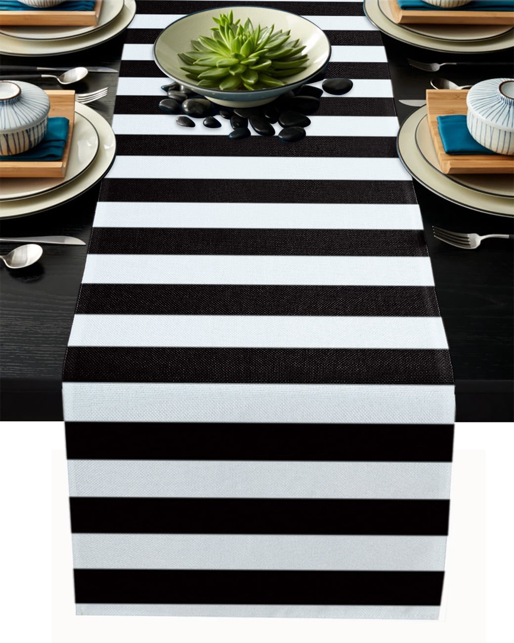 Simple Black White Stripes Table Runner Modern Stripes Tablerunners 13 x 90 Inch, Table Decorations Tabletop Scarf for Summer Gathering Holiday Farmhouse Kitchen Dining Decor