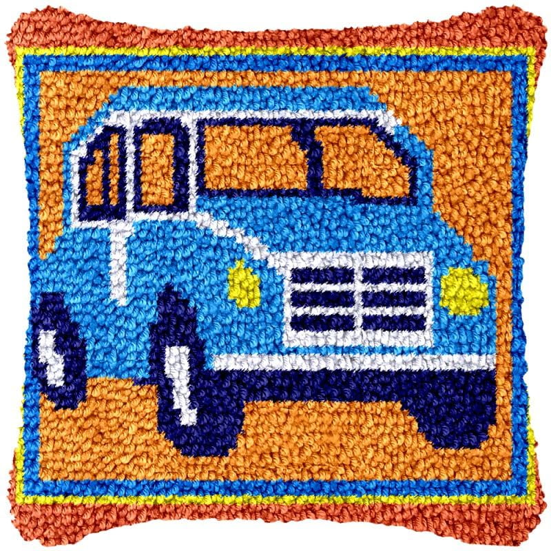 Simple Blue Car Latch Hook Pillow Cover Kits for DIY Handmade Throw Pillow Cross Stitch Latch Hook Pillowcase Rug Kits with Preprinted Color Pattern Canvas Crochet Yarn Kits 17''X 17''(ch183)