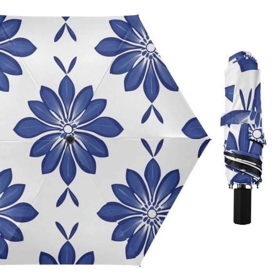 Simple Blue Daisy Floral Pattern All Weather Umbrella Triple Folding Parasol 6 Ribs UV Protection Portable