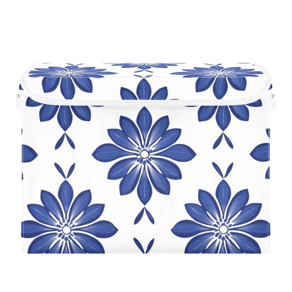 Simple Blue Daisy Floral Pattern Foldable Storage Bin with Lid and Handle Collapsible Storage Box 16.5 x 12.6 x 11.8 inches