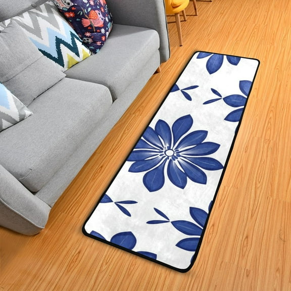 Simple Blue Daisy Floral Pattern Long Floor Mat Runner Rug Area Mat Noise Reduction Water Absorbent Non-Slip 72" x 24"