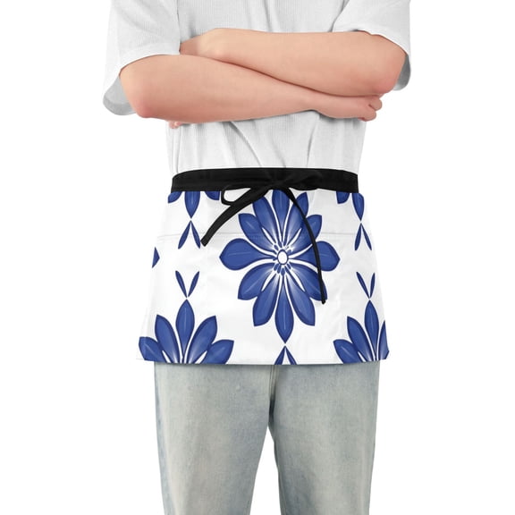Simple Blue Daisy Floral Pattern Short Server Apron with 3 Pockets for Unisex Chef Gardening