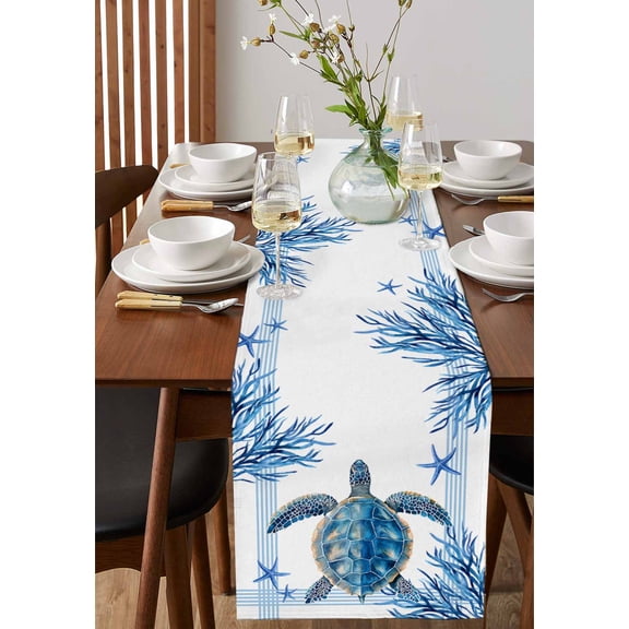 Simple Blue Grey White Stripes Table Runner 13x72in Non-Slip Cotton Linen Table Runners, Classic Striped Dresser Scarves TableRunner for Dinner Kitchen Dining Wedding Party