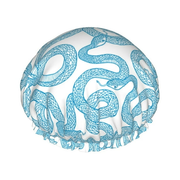 Simple Blue Lines Cute Snake Shower Cap, Double Layers Shower Cap Rreusable Waterproof, Elastic Bathing Hair Hat for Women, Washable Hair Cap for All Hair Lengths