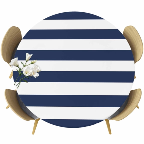 Simple Blue and White Horizontal Stripes Table Cloth, Round Fitted Tablecloths with Elastic Edge, Wipeable Waterproof Table Cover for Kitchen Wedding 36-44 Inches